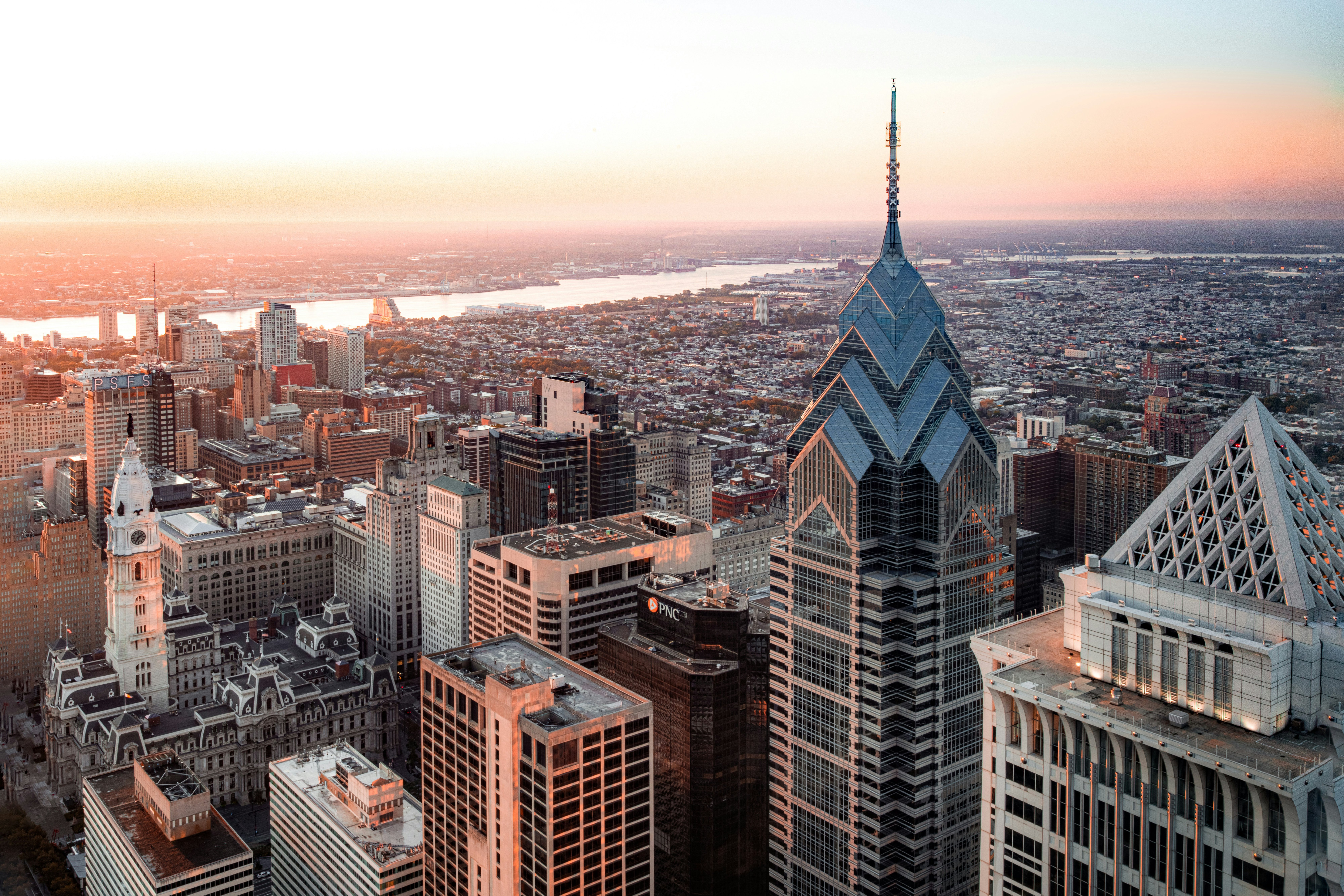 Pennsylvania city skyline and river at sunset